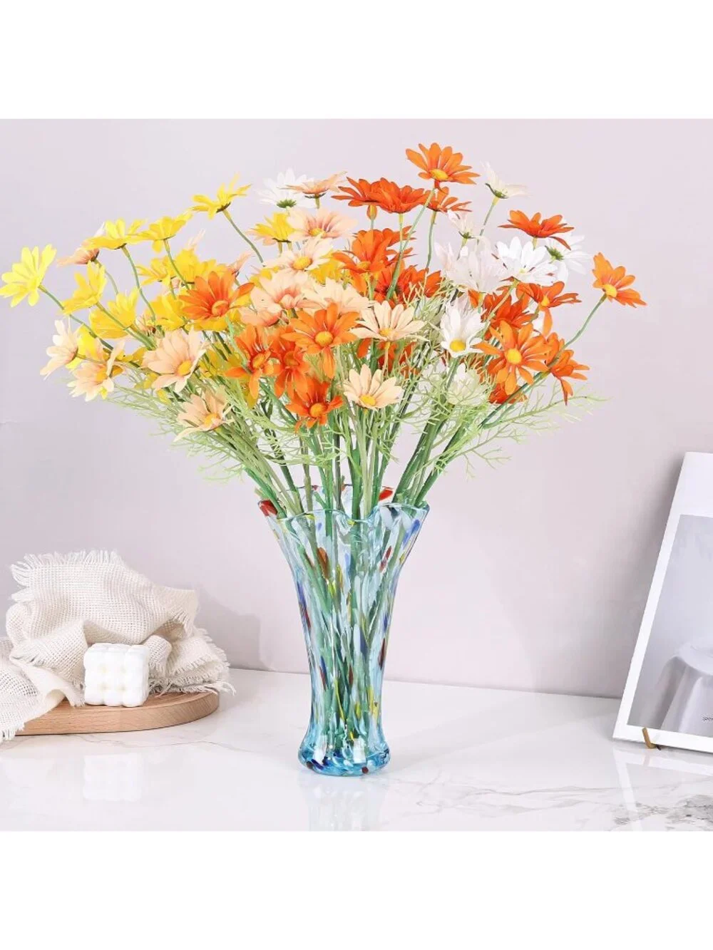9.0 Aqua Blue Glass Vases Flower Bouquet Unique Hand Blown Wide Mouth Shelf Deco
